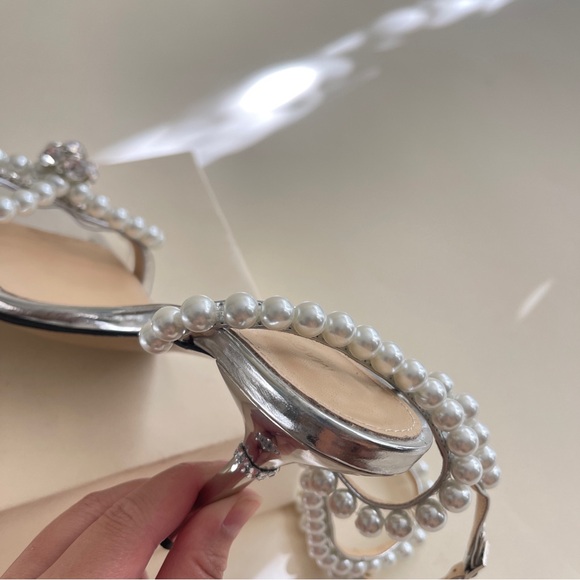 MACH & MACH Pearl Bow Square Toe Sandals in Silver Leather - Picture 11 of 14